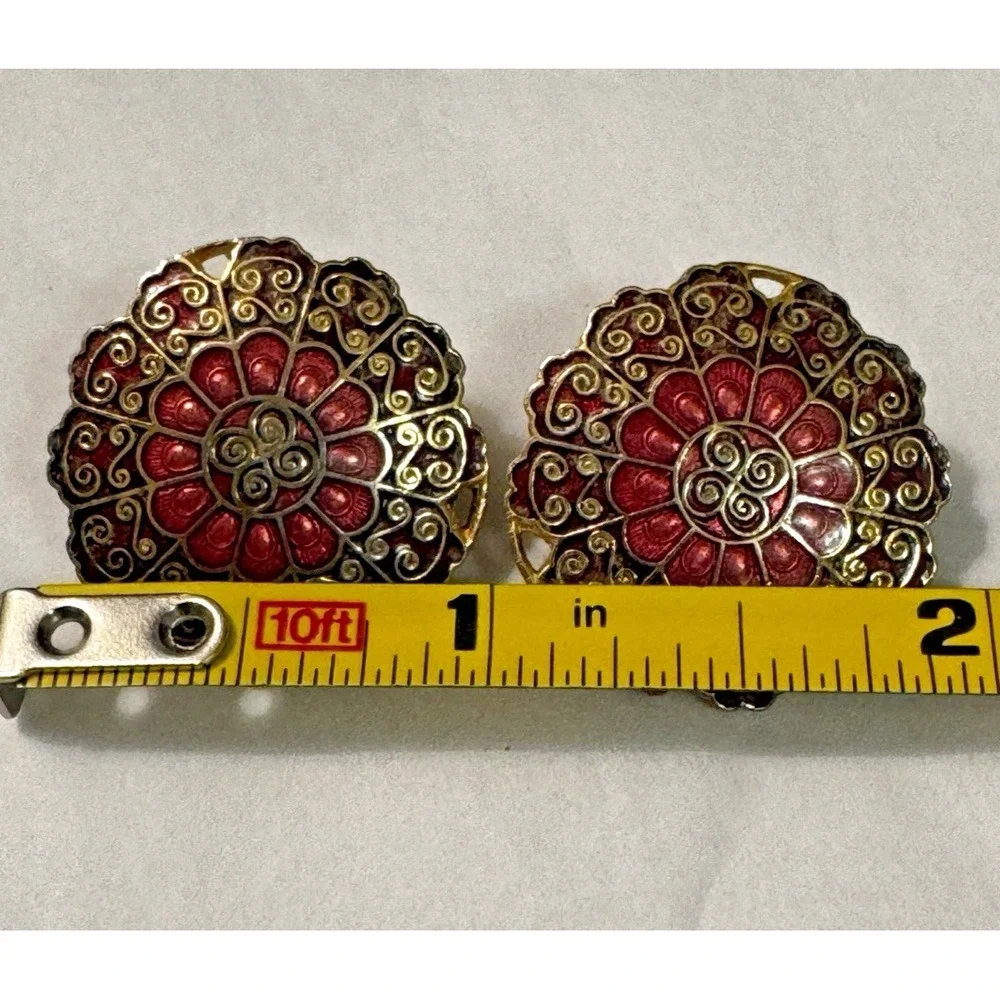 Vintage Red Gold Cloisonne Enamel Clip On Earrings Round Mandala Floral 1 Inch‎